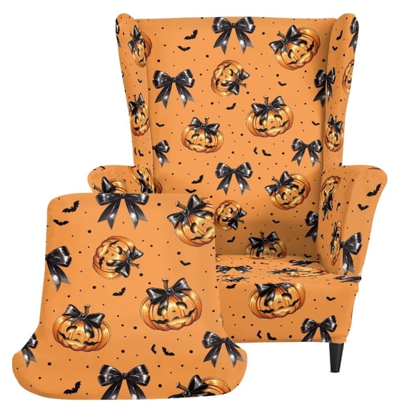 HUIACONG Halloween Pumpkin Bow Wingback Chair Slipcovers, 2-Piece Stretchy Washable Wing Chair Cover, Anti-Wrinkle Soft Armchair Protector for Living Room Holiday Decor