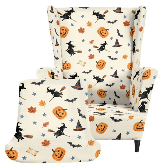 HUIACONG Halloween Witch Pumpkin Print 2-Piece Wingback Chair Slipcovers, High Stretch Soft Wrinkle Resistant Armchair Cover, Full Furniture Protector Washable Easy Install