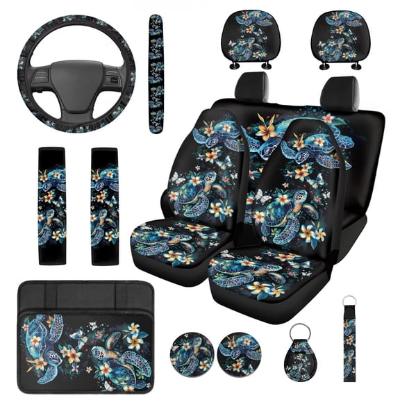 HUIACONG Hawaiian Car Seat Covers Sea Turtle Car Accessories Seat Covers Full Set with Seat Belt Covers Steering Wheel Cover Armrest Cover Headrest Cover Coasters Keychain,14 Pcs