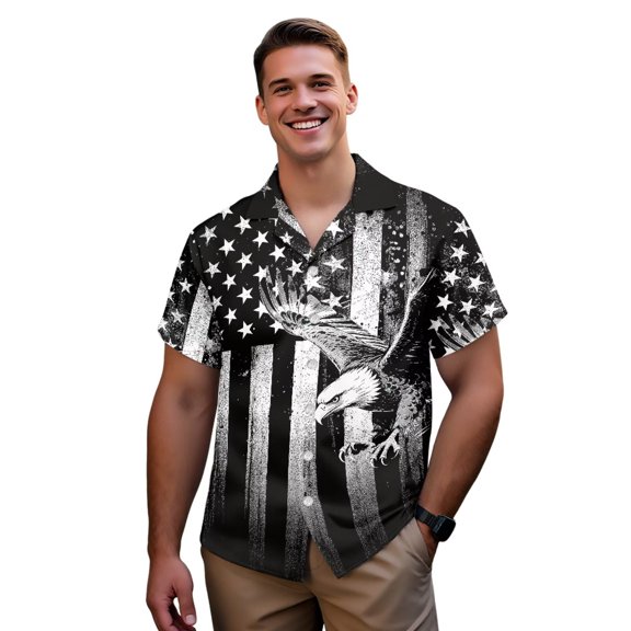 HUIACONG Hawaiian Shirt, Black White American Flag Eagle Print Size S Button Down Shirt for Luau, Vacation, Beach, Summer Casual Wear, Big & Tall Available