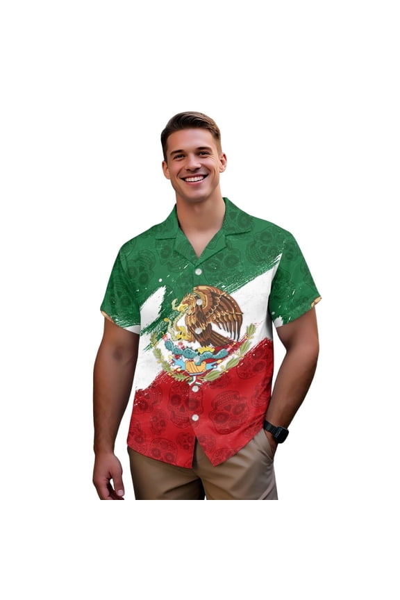 Hawaiian Shirt Mexican Flag Sugar Skull Print Button Down Shirt Size 5XL Casual Summer Tropical Luau Beach Shirt Big & Tall Friendly