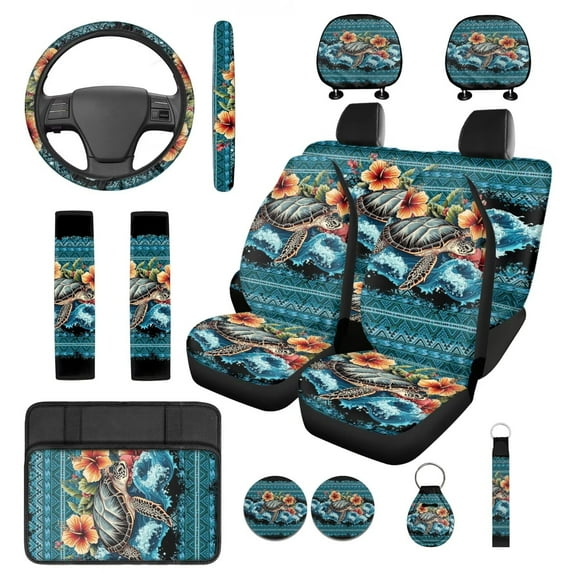 HUIACONG Hawaiian Tribal Car Seat Covers Sea Turtle Car Accessories Seat Covers Full Set with Steering Wheel Cover Armrest Cover Seat Belt Pads Headrest Cover Coasters Keychain 14 Pcs Universal Fit