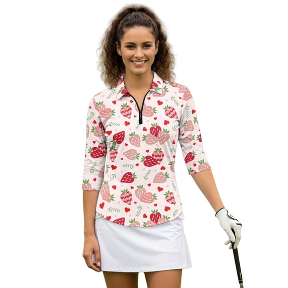 HUIACONG Heart Shaped Strawberry Womens 3/4 Sleeve Golf Shirts, Quarter Zip Athletic Polo Shirts for Ladies Workout and Tennis
