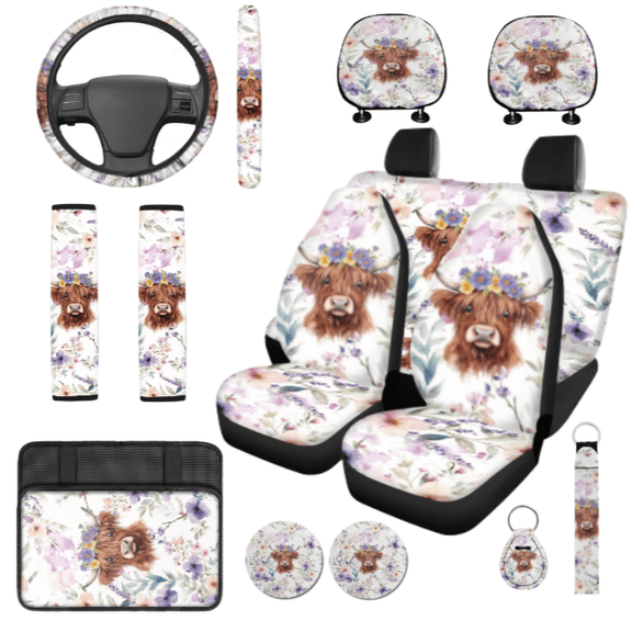 HUIACONG Highland Cattle Car Seat Cover Set, with Keychain Strap Key Fob Key Pendant Key Holder Car Seat Covers