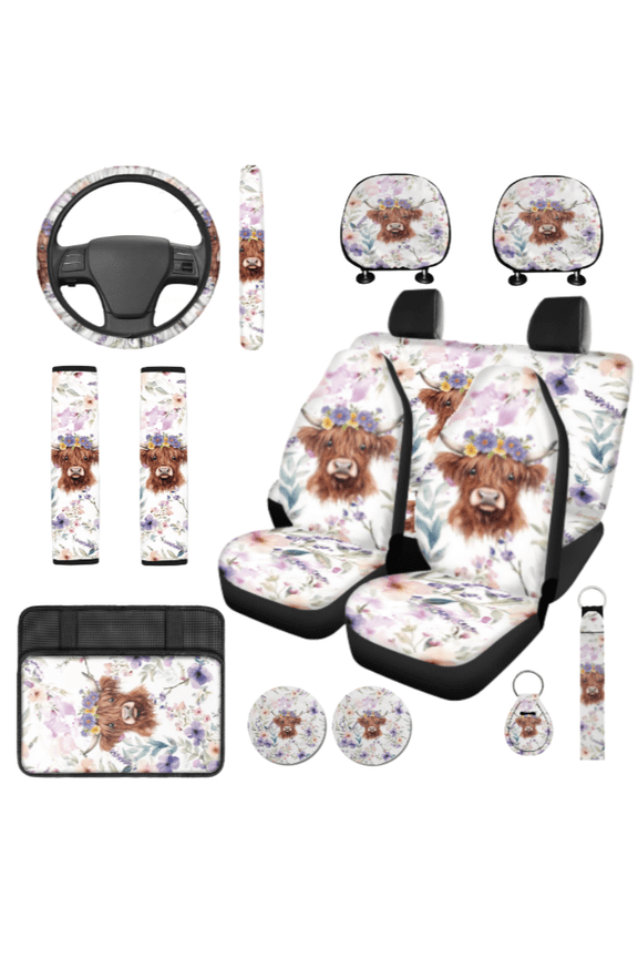 Highland Cattle Car Seat Cover Set, with Keychain Strap Key Fob Key Pendant Key Holder Car Seat Covers