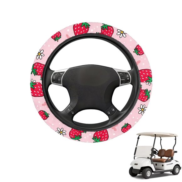 HUIACONG Cute Strawberry Golf Cart Steering Wheel Covers 13-14 Inches Easy to Install Unversial Golf Steering Wheel Cover Flannel Warm Fashion Interior Covers for EZGO Club Cars