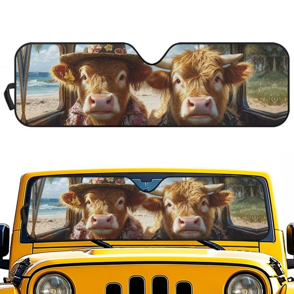 HUIACONG Highland Cows Brown Windshield Sun Shade for 2007-2023 Wrangler Rubicon Sahara TJ JK JKU 2 & 4 Door-Blocks UV Rays Sun Visor Protector,Car Sun Shade Keep Your Vehicle Cool,Car Window Shade