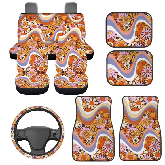 HUIACONG Hippie Flowers Car Seat Covers Automotive Floor Mats with Anti-Slip Pad Car Steering Wheel Protector Removable Automotive Accessories Easy to Install for SUV,Vans,Sedans,Trucks