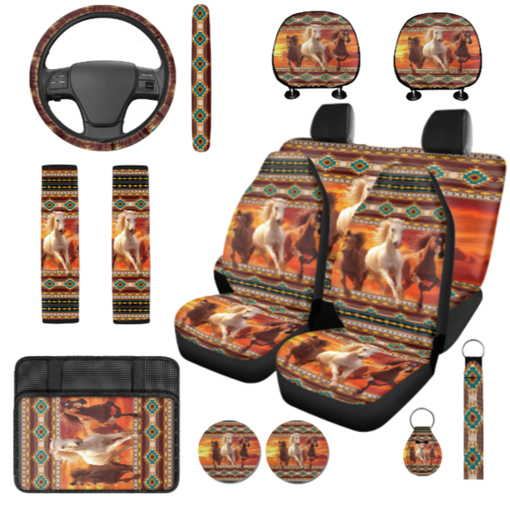 HUIACONG Horse Geometric Car Seat Cover Set, with Key Holder Car Armrest Box Protective Cushion Car Seat Covers Auto Armrest Box Cover Keychain Strap