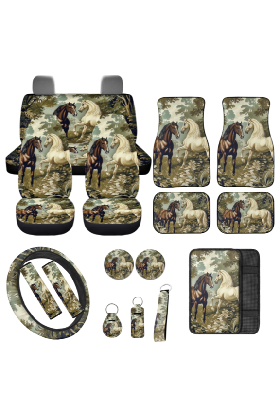 Horse Pattern Set Of 17 Car Interior Cover Sets for Women, Quick Install Soft Car Seat Covers with Breathable Key Fob for Auto Interior