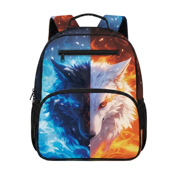 HUIACONG Ice Fire Wolf Print 13.5 Inch Kids Backpack, Lightweight Water Resistant School Bookbag with Adjustable Padded Straps, Multi Pocket Sturdy Daypack for Boys Girls Travel Camping