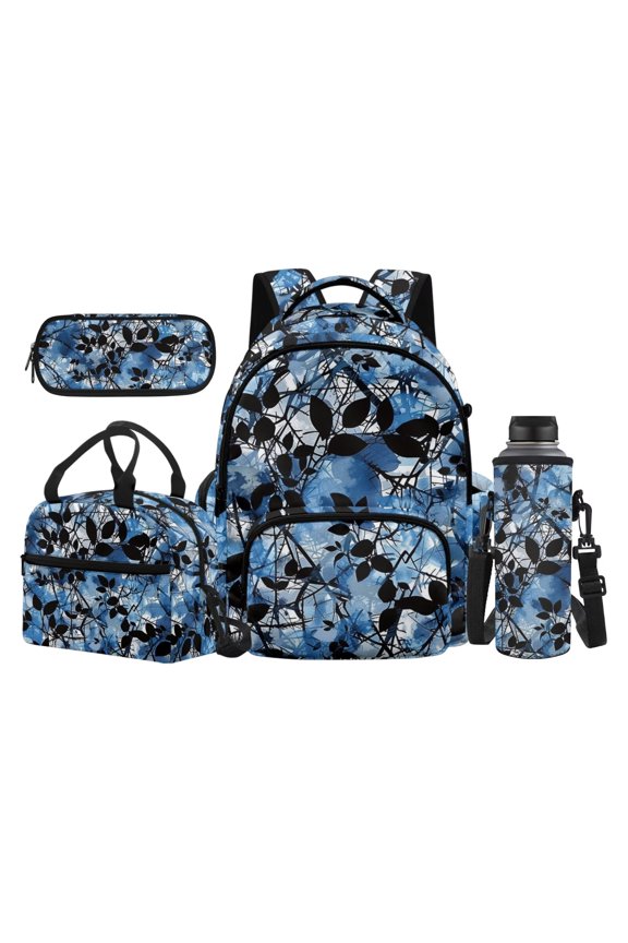 Ink Blue Leaf School Backpack for Kids 17 Inch 4-Piece Set with Lunch Bag & Pencil Case, Water-Resistant, for Grades K-5