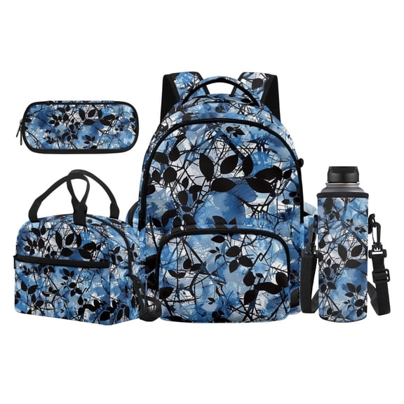 HUIACONG Ink Blue Leaf School Backpack for Kids 17 Inch 4-Piece Set with Lunch Bag & Pencil Case, Water-Resistant, for Grades K-5