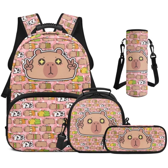 HUIACONG Kawaii Capybara Kids Backpack for Boys & Girls, Lightweight Daily Bookbag with Lunch Box, Pencil Case and Insulated Water Bottle Sleeve, Practical 4PCS Backpack Set for Students Ages 10-12