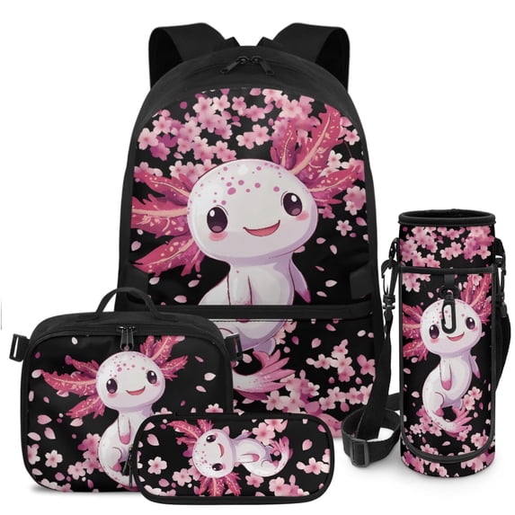 HUIACONG Kids Backpack 4-IN-1 Set Black Sakura Axolotl 17 Inch for Boys Girls Age 8-12 Lightweight School Backpack with Detachable Lunch Box Pencil Case Water Bottle Holder