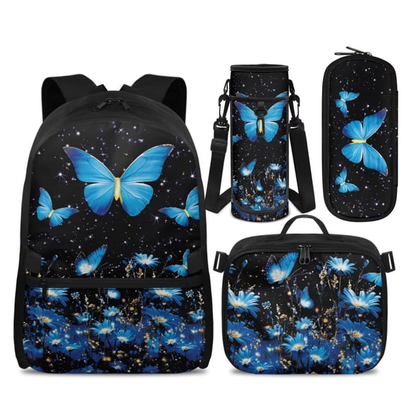 HUIACONG Kids Backpack 4-IN-1 Set Starry Blue Butterfly Lightweight 300g for Boys Girls 6-10 Detachable Lunch Box Pencil Case Water Bottle Holder School Book Bag