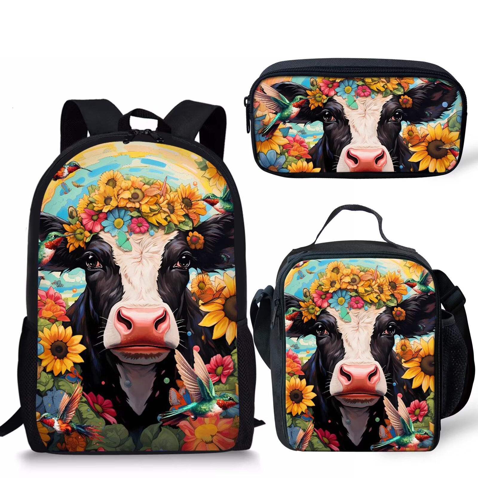 Coloranimal Sunflower Cow Backpack Set For Kids – 3-Piece School Bag + Lunch Bag + Pencil Case - View #2