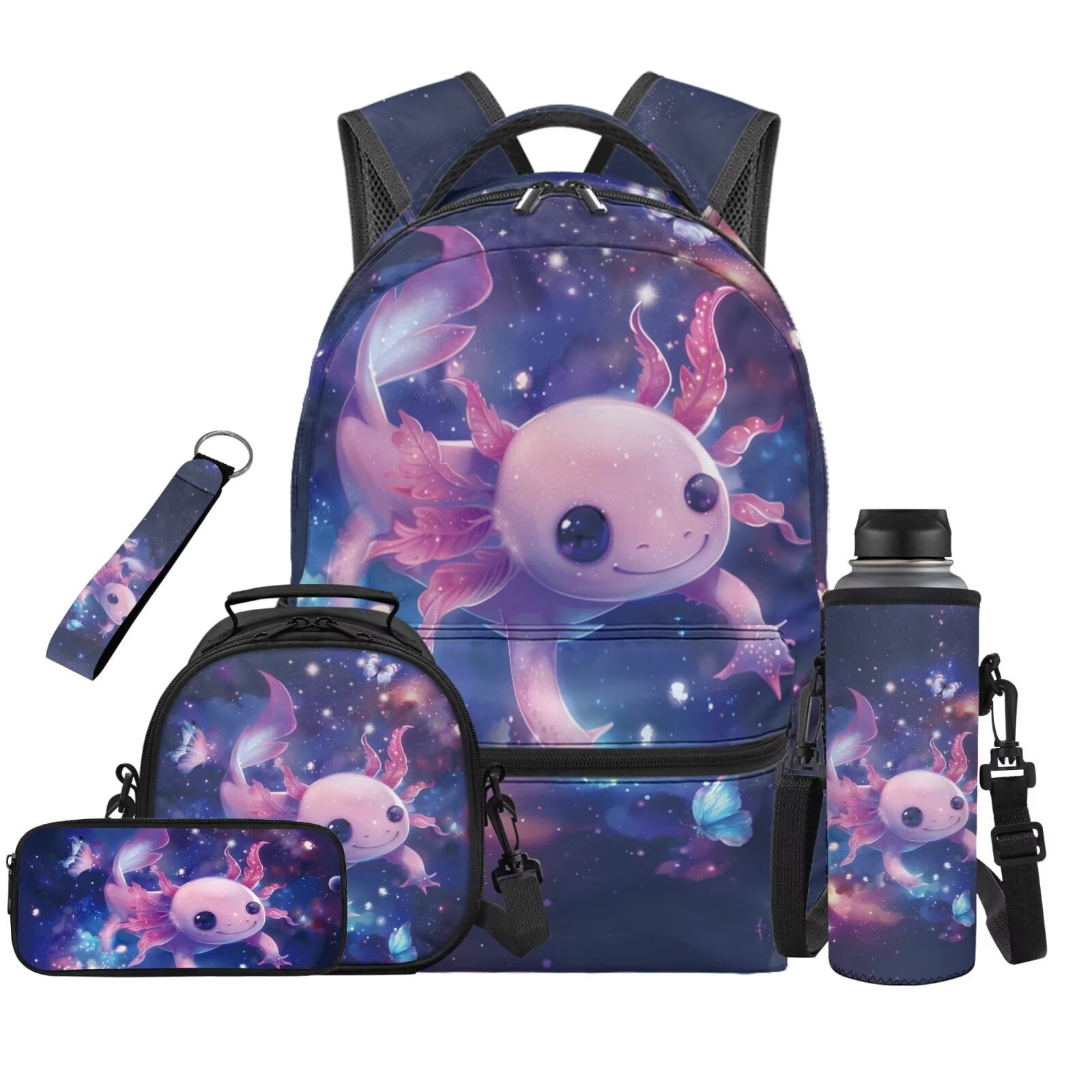 HUIACONG Kids Backpack and Lunch Box Set 5Pcs, Cute Galaxy Axolotl ...