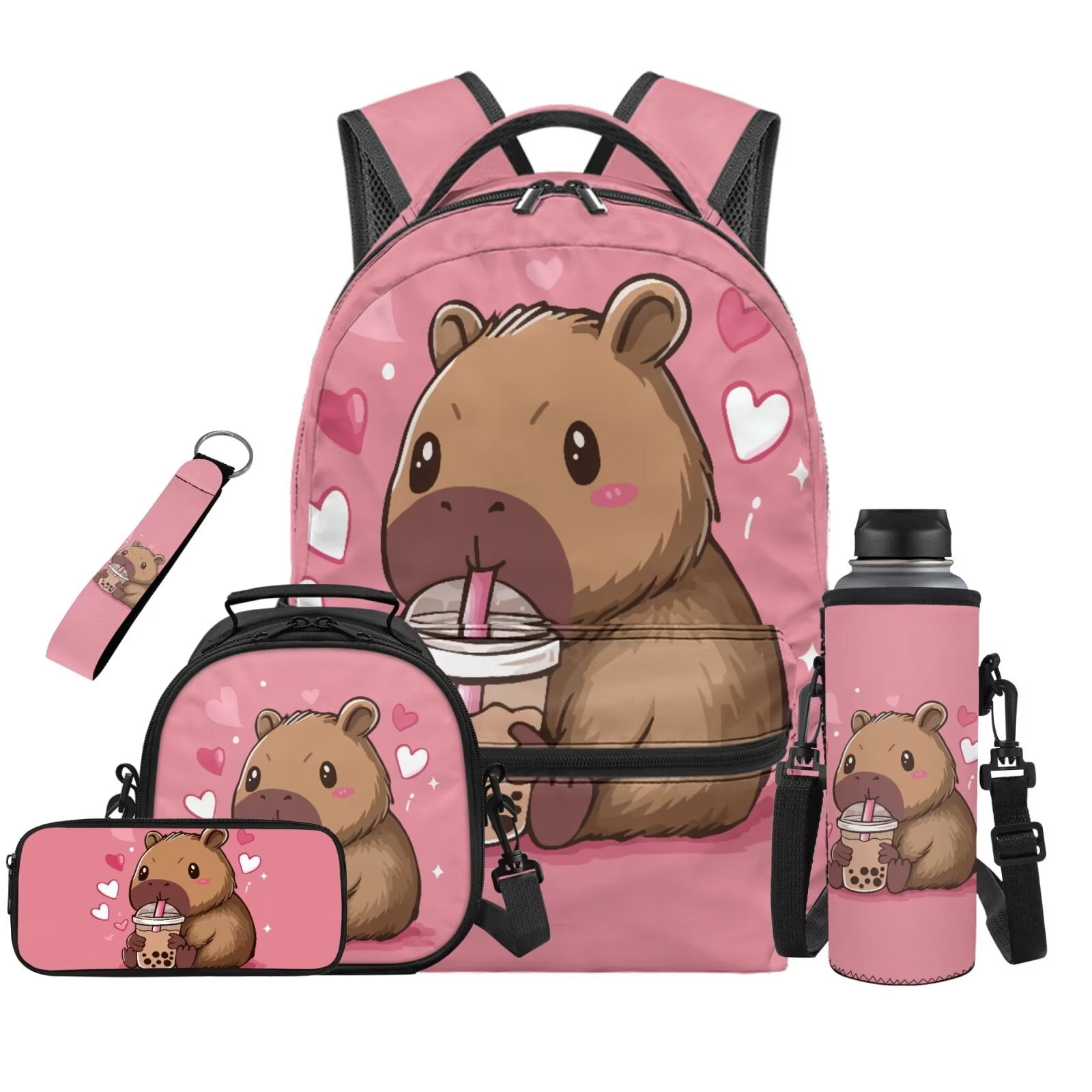HUIACONG Kids Backpack and Lunch Box Set 5Pcs, Cute Pink Boba Capybara ...