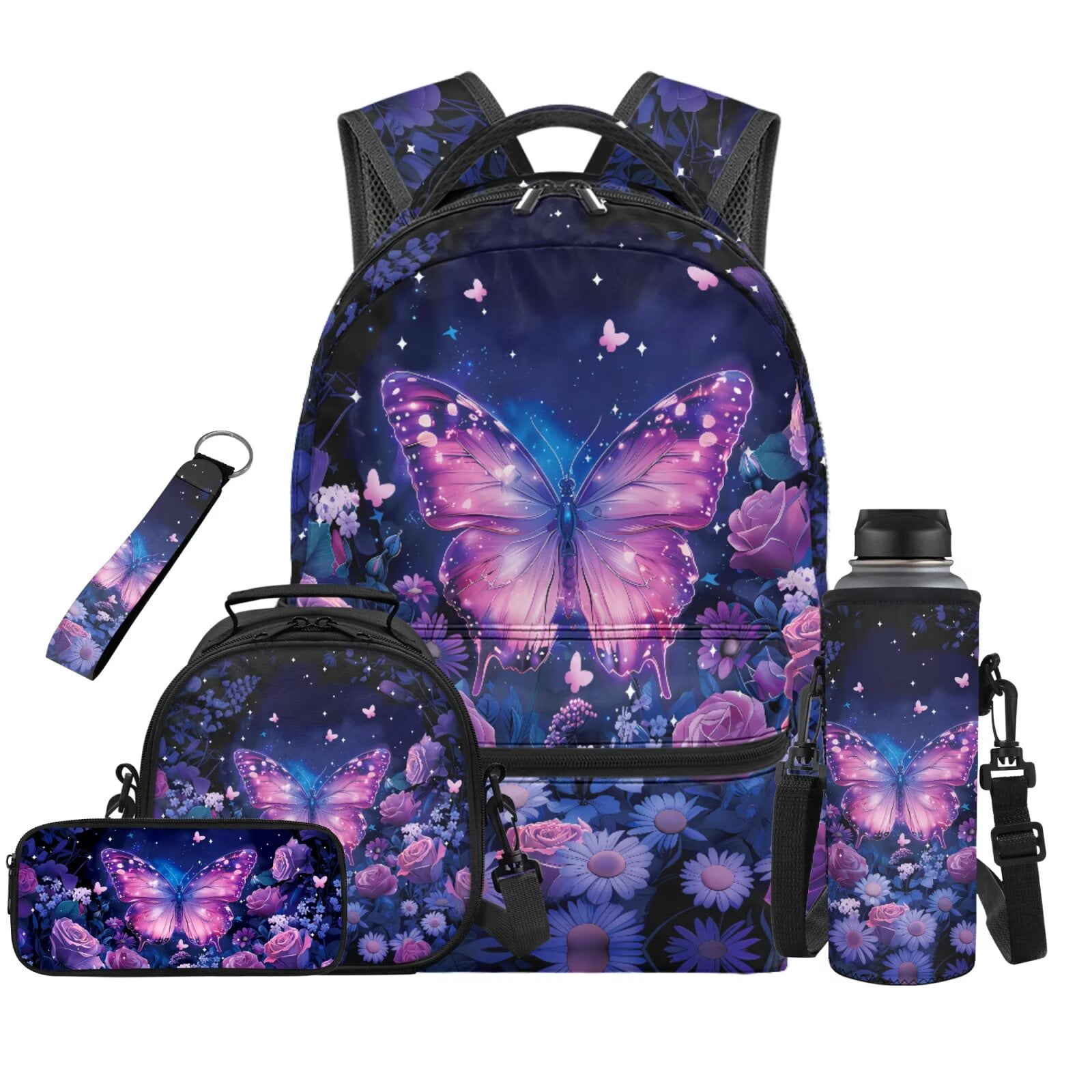 HUIACONG Kids Backpack and Lunch Box Set 5Pcs, Cute Purple Butterfly ...