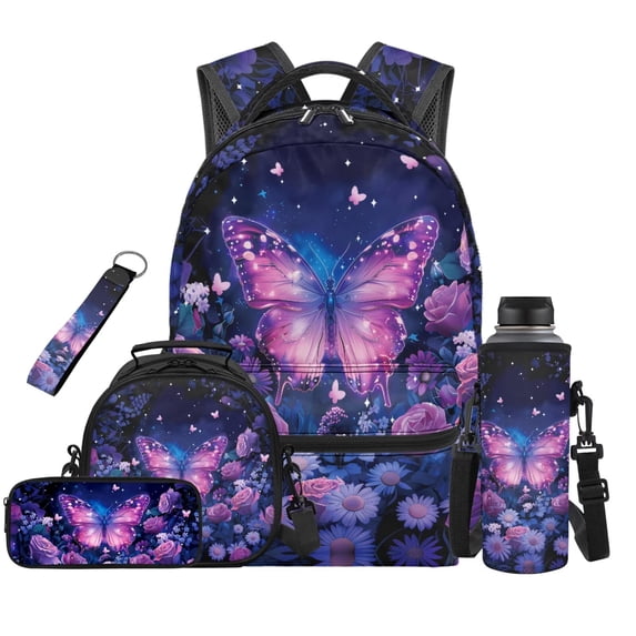 HUIACONG Kids Backpack and Lunch Box Set 5Pcs, Cute Purple Butterfly School Bag with Pencil Pouch, Water Bottle Holder, Keychain for Girls Boys Ages 6-12