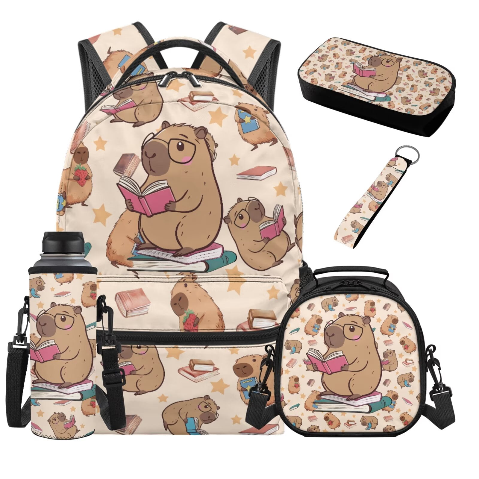 HUIACONG Kids Backpack and Lunch Box Set 5Pcs, Cute Reading Capybara ...