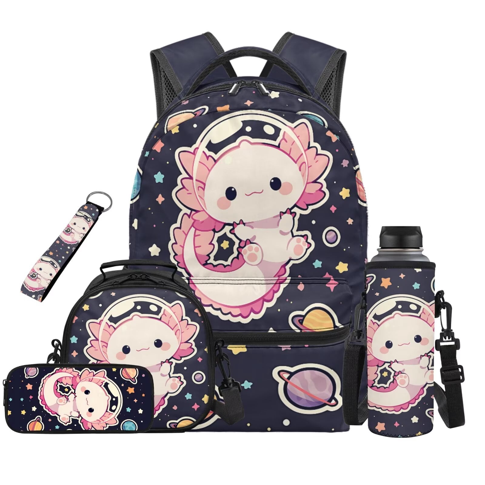 HUIACONG Kids Backpack and Lunch Box Set 5Pcs, Cute Space Axolotl ...