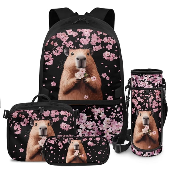 HUIACONG Kids Backpack Set 4-IN-1 Sakura Capybara for 6-12 Boys Girls Spine Protective School Backpack Detachable Lunch Box Pencil Case Water Bottle Holder Lightweight
