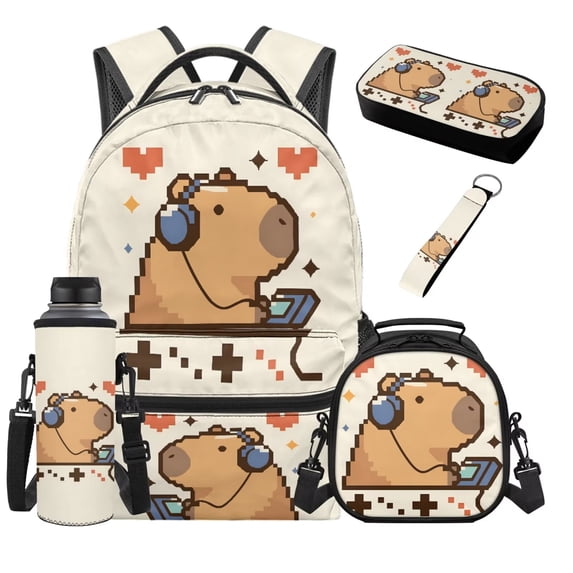 HUIACONG Kids Backpack and Lunch Box Set 5Pcs, Capybara School Bag with Pencil Pouch, Water Bottle Holder, Keychain for Girls Boys Ages 6-12