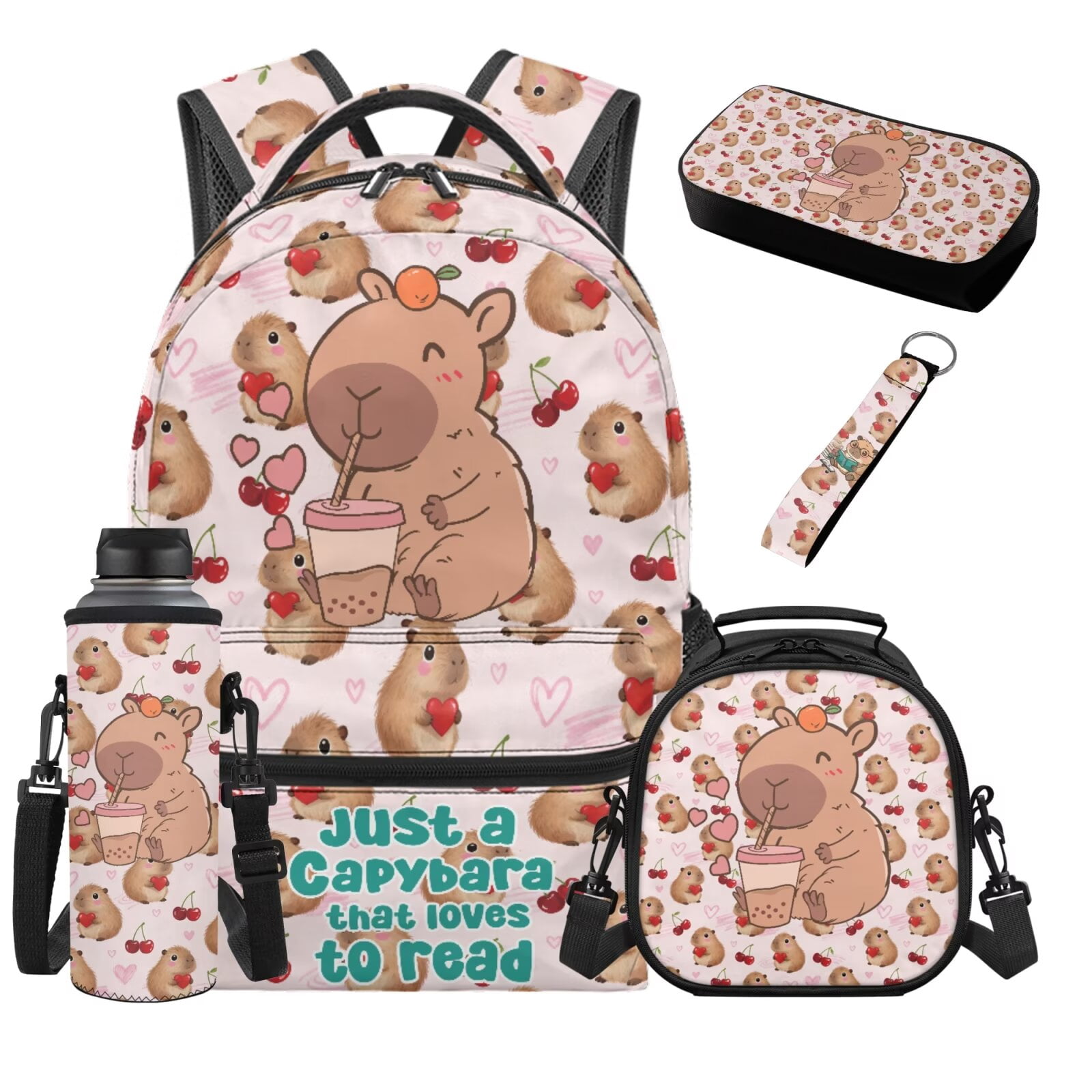 HUIACONG Kids School Backpack Set 5Pcs, Cute Cherry Boba Capybara 17 ...