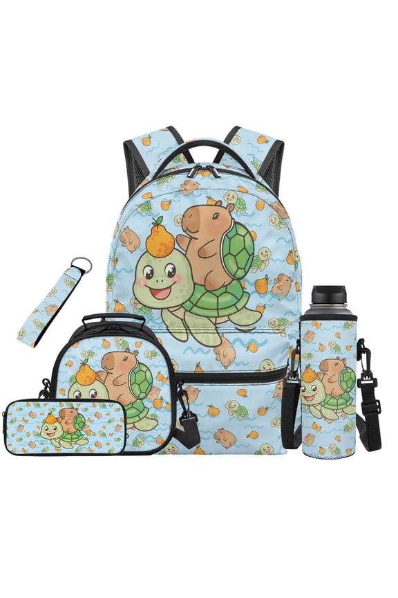 Kids School Backpack Set 5Pcs, Turtle Capybara 17 Inch Bookbag with Lunch Bag, Pencil Case, Water Bottle Sleeve, Keychain for Boys Girls
