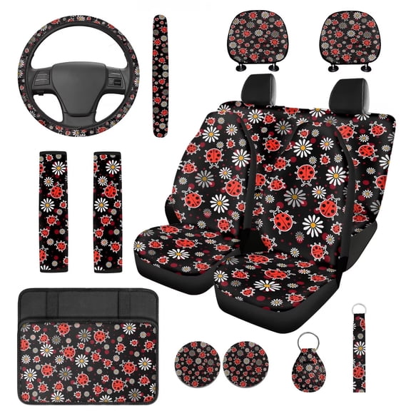 HUIACONG Ladybug Car Seat Covers Full Set with Steering Wheel Cover Seat Belt Pads Center Console Cover Coasters Headrest Cover Keychain 14 Pcs Cute Car Accessories for Women Interior Universal Fit