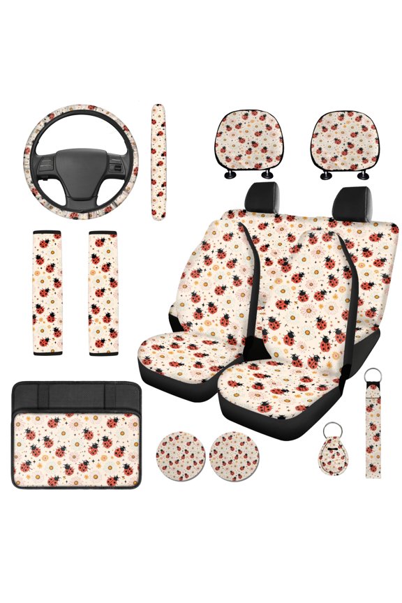 Ladybug Daisies Car Accessories Full Set, with Wrist Keychain Seat Protectors, Compatible with Cars Trucks