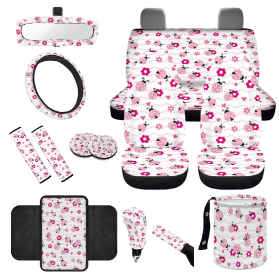 HUIACONG Ladybug Floral Pattern Car Interior Accessory Kit, with Car Seat Belt Cover Car Cup Holder Coasters Car Seat Belt Protector Car Cup Coasters