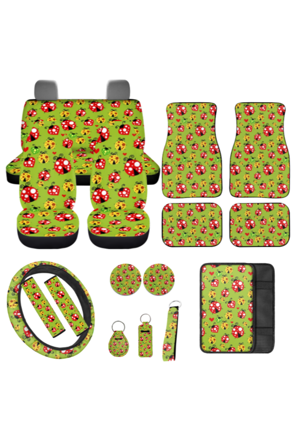 Ladybug Hearts Pattern 17 Pieces Car Seat Cover Set for New Car Owners, Anti Scratch Key Holder with Easy Install Car Seat Covers for Auto Interior