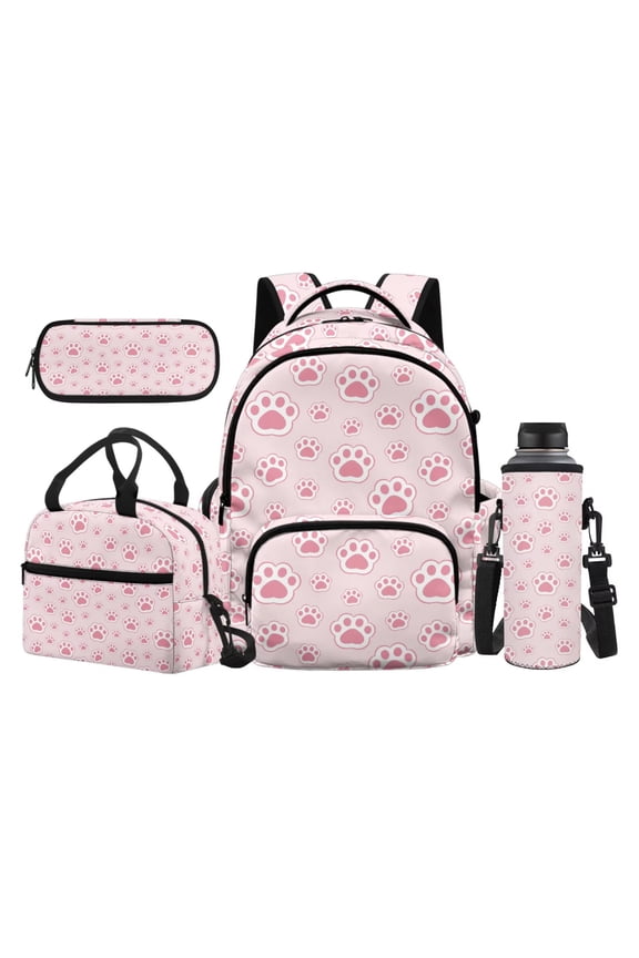 Large School Backpack Pink Animal Paw 17 Inch 4-Piece Set Lunch Bag, Pencil Case & Water Bottle Sleeve, Padded Shoulder Straps, for Ages 5-9