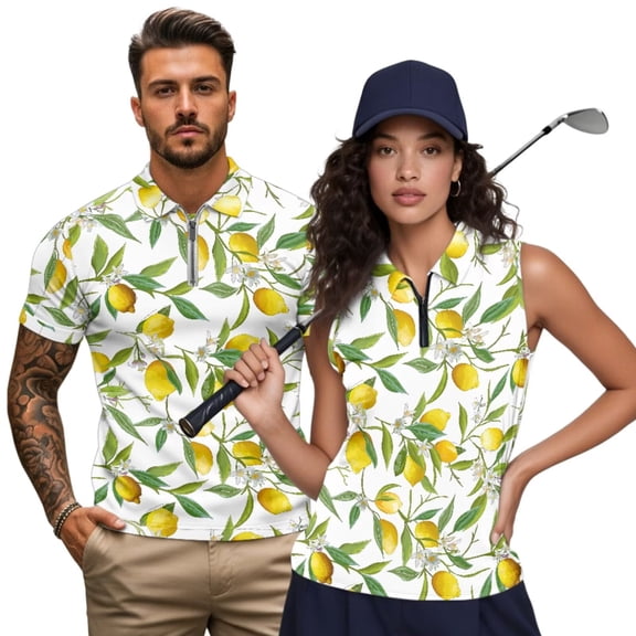 HUIACONG Lemon Matching Golf Shirts for Couples Sleeveless Golf Shirts for Women Moisture Wicking Mens Short Sleeve Collared Golf Shirt Quick Dry Lightweight Couples Matching Outfits Man S