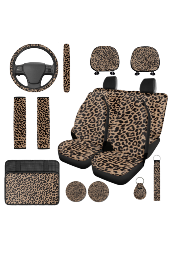 Leopard Car Seat Cover Set, with Auto Cup Pad Wrist Keychain Steering Wheel Cover Car Headrest Protectors Key Holder Key Fob