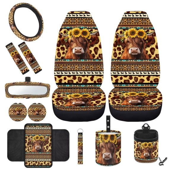 HUIACONG Leopard Cow Car Seat Covers Full Set of 12 Car Steering Wheel Cover Easy to Install Auto Seat Belt Cover Car Trash Can Car Organizer Rear View Mirror Protector Fit for Most Car SUV