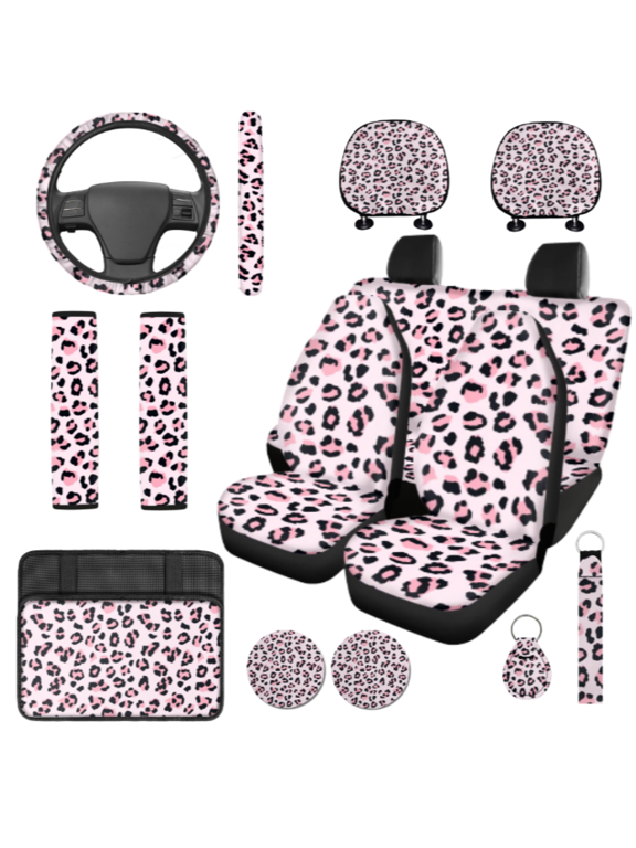 Leopard Print Car Interior Accessory Kit, with Car Armrest Protection Cover Car Seat Covers, Compatible with Cars Vans