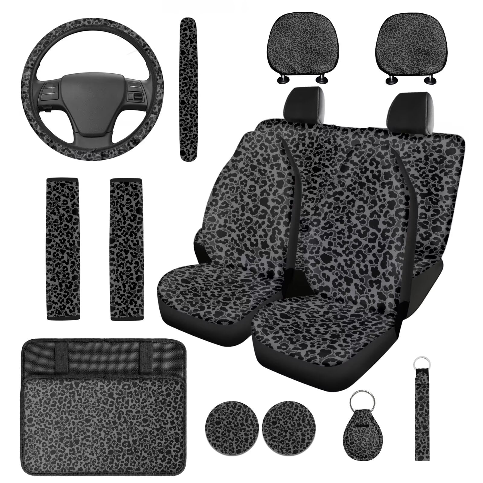HUIACONG Leopard Print Car Seat Cover Full Set for Women Black Cheetah Print Car Accessories with Steering Wheel Cover Armrest Cover Seat Belt Pads Headrest Cover Coasters Keychain 14 Pcs