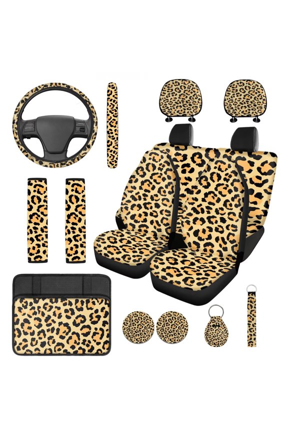 Leopard Print Car Seat Covers Full Set with Steering Wheel Cover Coasters Center Console Cover Seat Belt Pads Headrest Cover Key Chain 14 Pcs Cheetah Print Car Accessories Interior