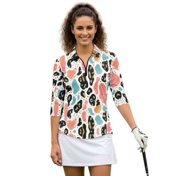HUIACONG Leopard Print Women Golf Polo Shirts with Quarter Zip Collar, 3/4 Sleeve Quick Dry Tops for Golf, Tennis, Hiking, Running, Daily Sports