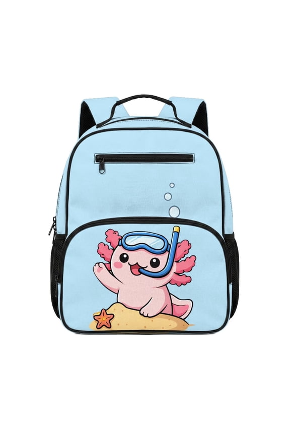 Light Blue Diving Axolotl Print Kids Backpack 13.5 Inch Water Repellent Lightweight School Bag with Multi Pockets Padded Adjustable Straps for Boys Girls Ages 3-10 Travel Bookbag
