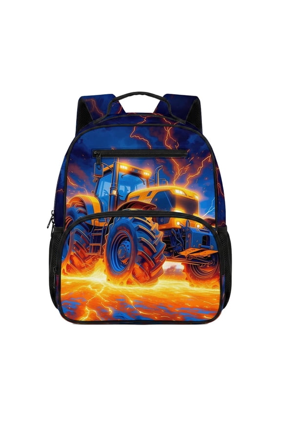 Lightning Tractor Print 13.5 Inch Kids Backpack, Water Resistant School Bag with Adjustable Padded Breathable Straps, Large Capacity Multi Pocket Bookbag for Boys School Travel Daily Use