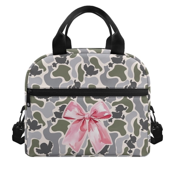 HUIACONG Lunch Bag with Camouflage Pink Bow, Insulated Lunch Tote with Aluminum Film for Students Office and Picnic Trips