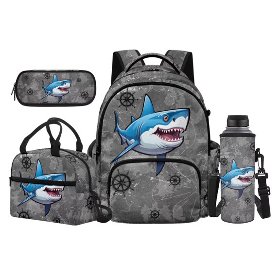 HUIACONG Map Shark Large 17 Inch School Backpack – Complete 4 Piece Set with Matching Lunch Box & Pencil Case, Adjustable Chest Buckle, for Ages 5-12