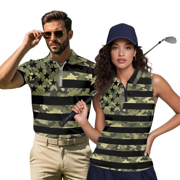 HUIACONG Matching 4th Of July Shirts for Couples Golf Shirts for Men and Women American Flag Camo Athletic Tops Apparel Collared Quick Dry Moisture Wicking 1/4 Zip Casual Daily Wear Man S