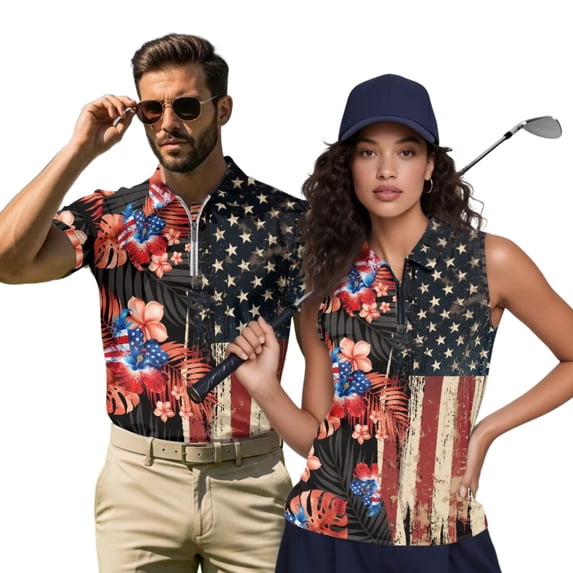 HUIACONG Matching Couple Shirts 250th Anniversary Golf Shirtfor Women Sleeveless Breathable Moisture Wicking Short Sleeve Golf Shirt for Men Lightweight Outdoor Golf Wear Woman M