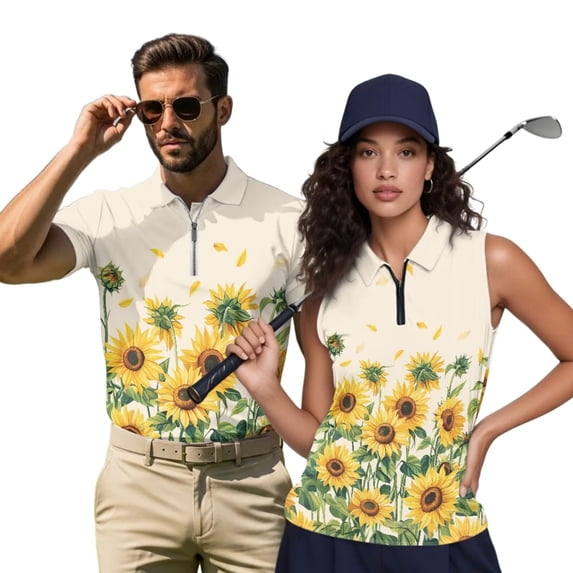 HUIACONG Matching Couple Shirts Sleeveless Athletic Shirts for Women Quick Dry Mens Short Sleeve Collared Golf Shirt Moisture Wicking Lightweight Sunflower Man L